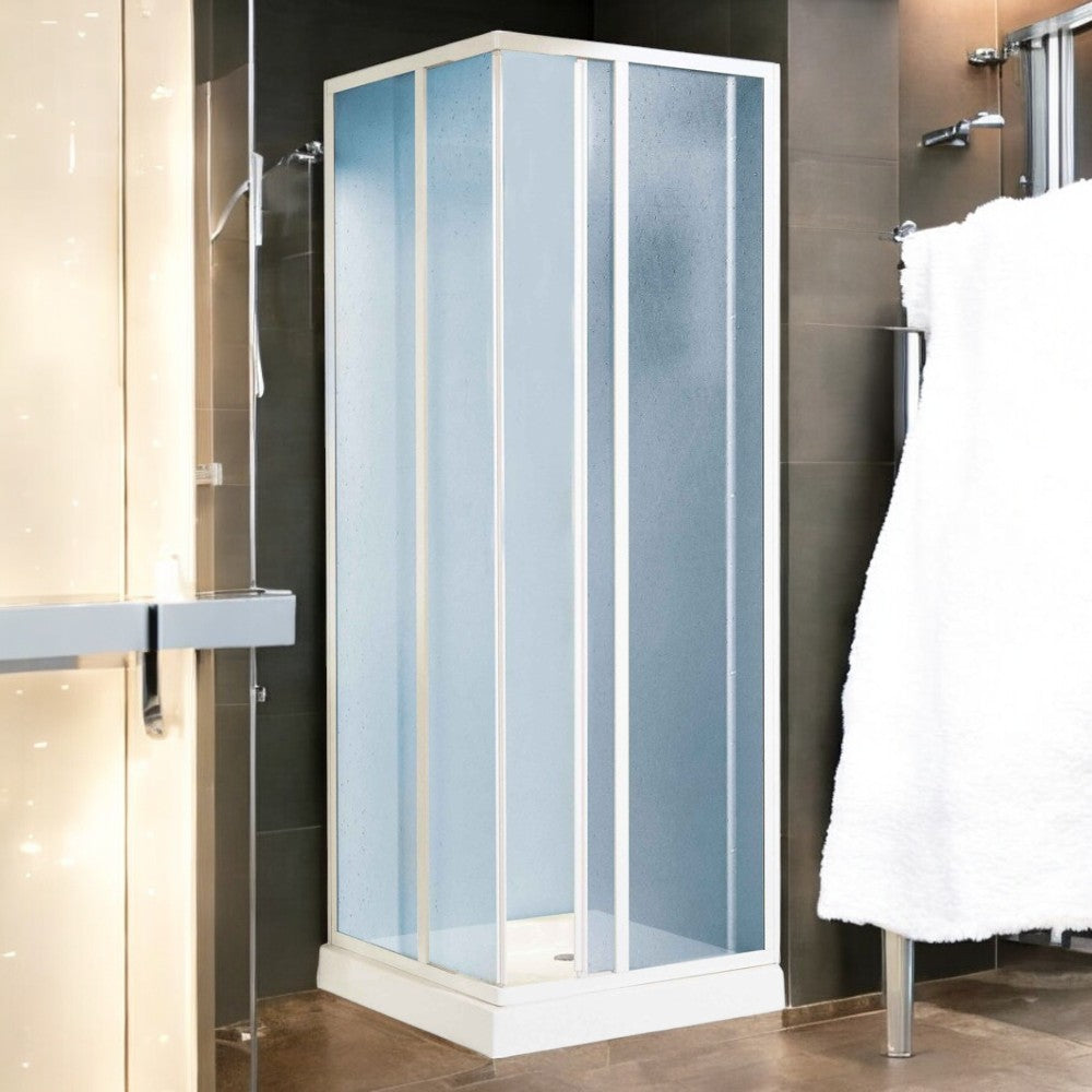 Box doccia angolare estensibile reversibile con profili in alluminio h185 cm e pannelli a scorrimento in acrilico effetto bollicine