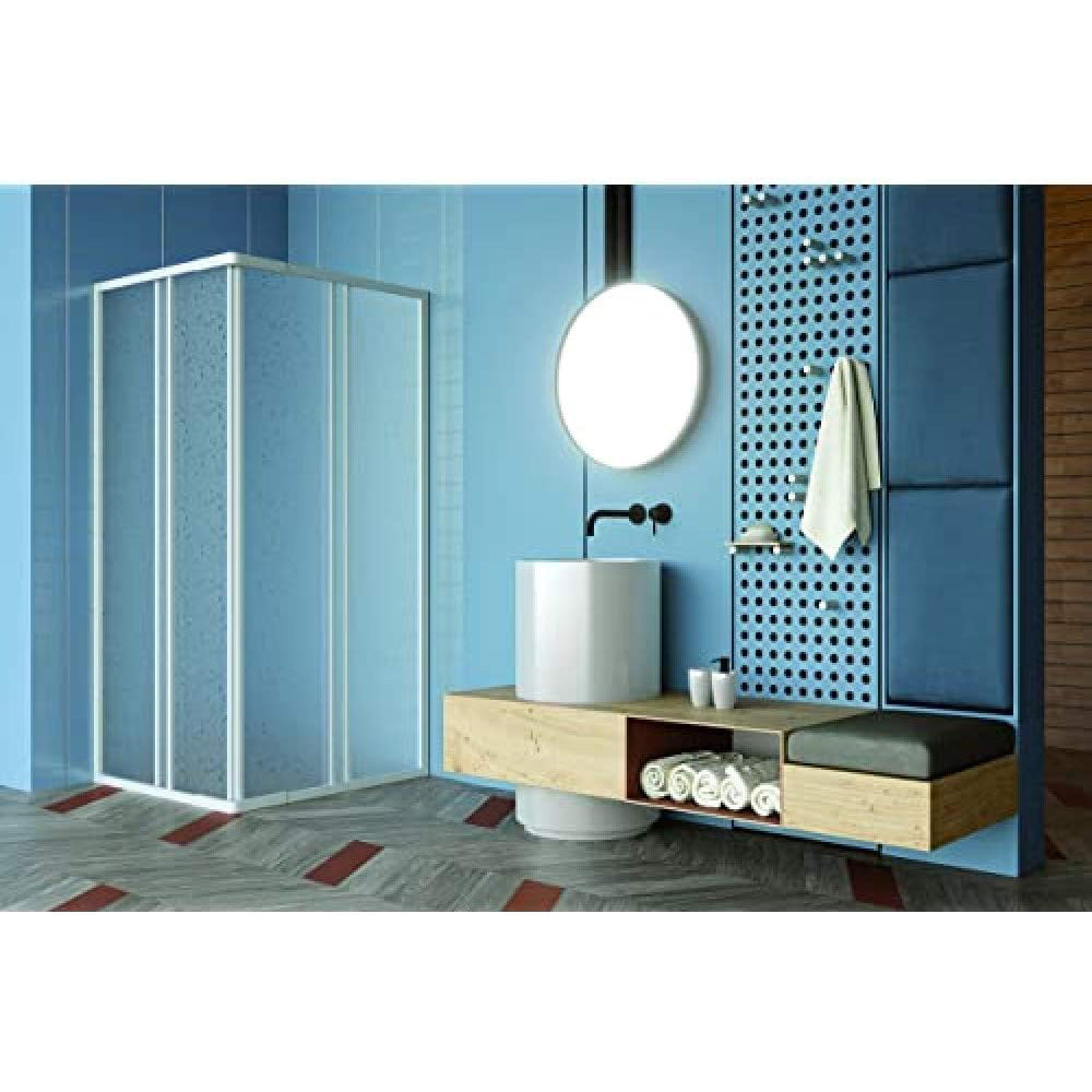Box doccia angolare estensibile reversibile con profili in alluminio h185 cm e pannelli a scorrimento in acrilico effetto bollicine