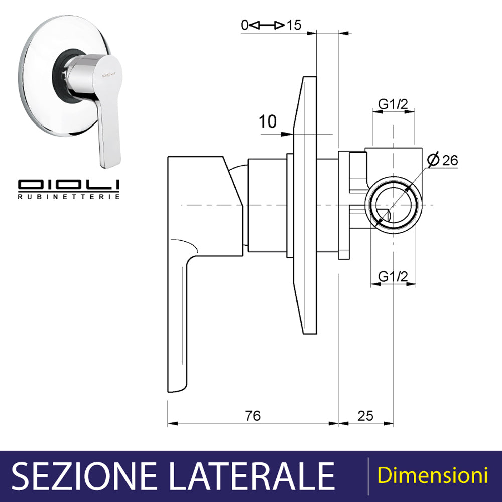 Miscelatore doccia a incasso in acciaio cromato con diametro 11.5 cm