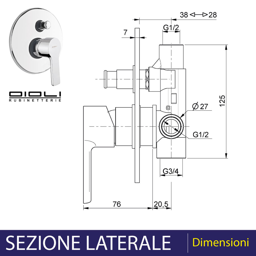 Miscelatore doccia a incasso in acciaio cromato con deviatore e diametro 17 cm