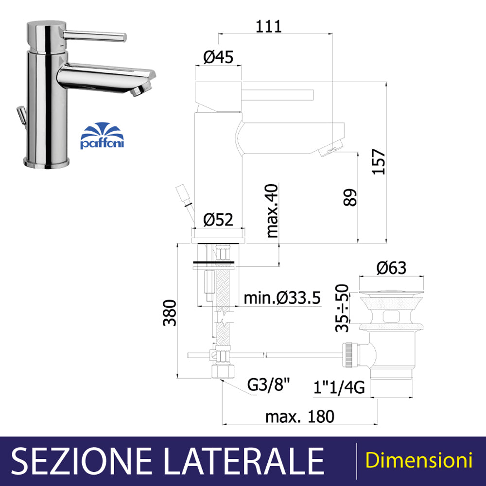 Miscelatore lavabo cromo con levetta scarico 1" 1/4 Stick
