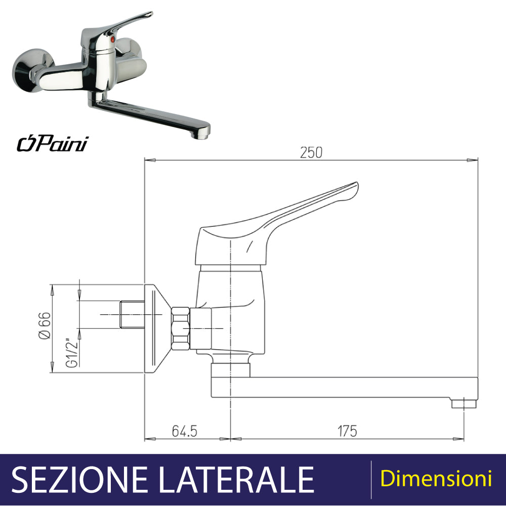 Miscelatore lavello a parete in ottone cromato monocomando Pilot