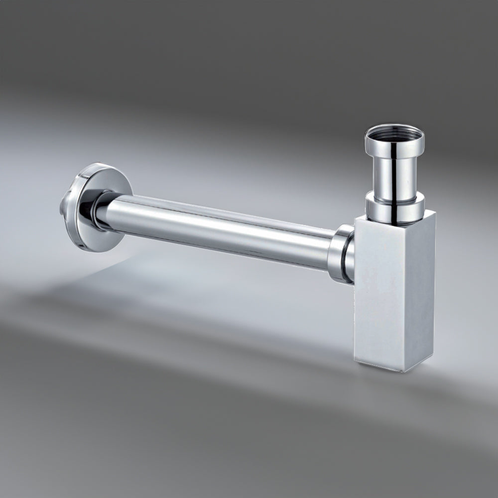 Sifone d'arredo in acciaio cromato quadro per lavabo