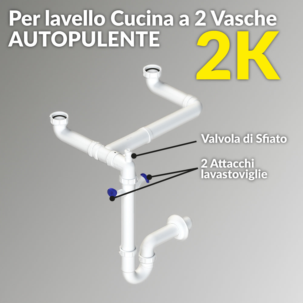 Sifone per lavello a 2 vie salvaspazio autopulente