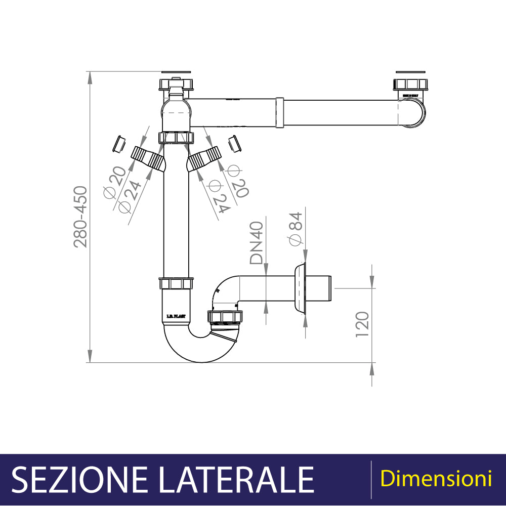 Sifone per lavello a 2 vie salvaspazio autopulente