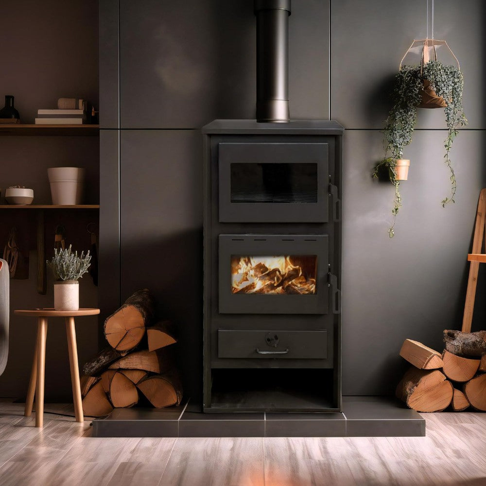 Poêle à bois 21,4 kw avec four et raccordement pour système d'eau en acier anthracite Kaicco Idro
