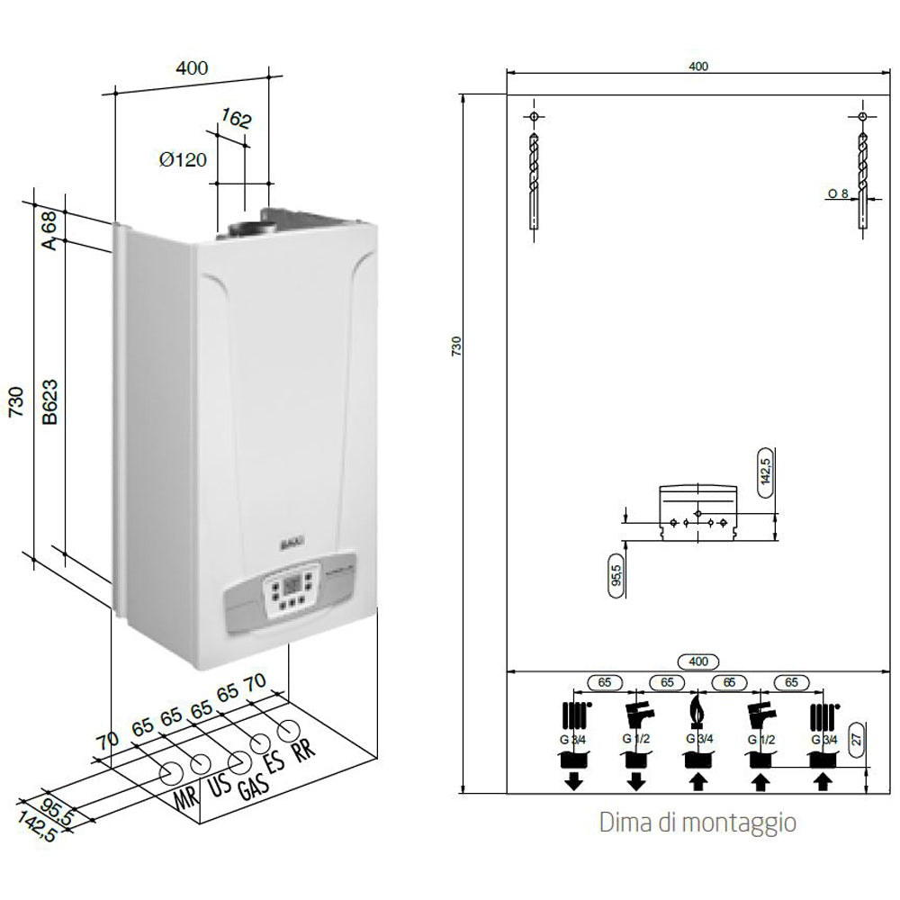 Caldaia a tiraggio naturale 24 Kw B con pannello comandi e display LCD multifunzione 40x30xH73 cm Eco5 Blue