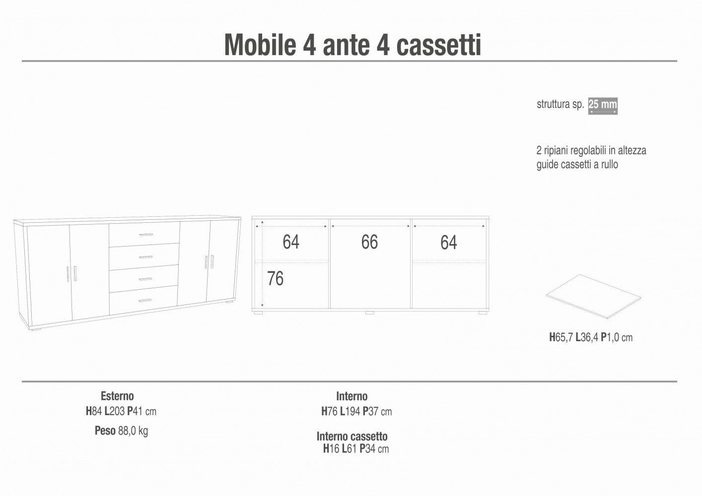 Adb808Osnsk Meuble 4 portes 4 tiroirs Kit oxyde blanc et noyer Stelvio