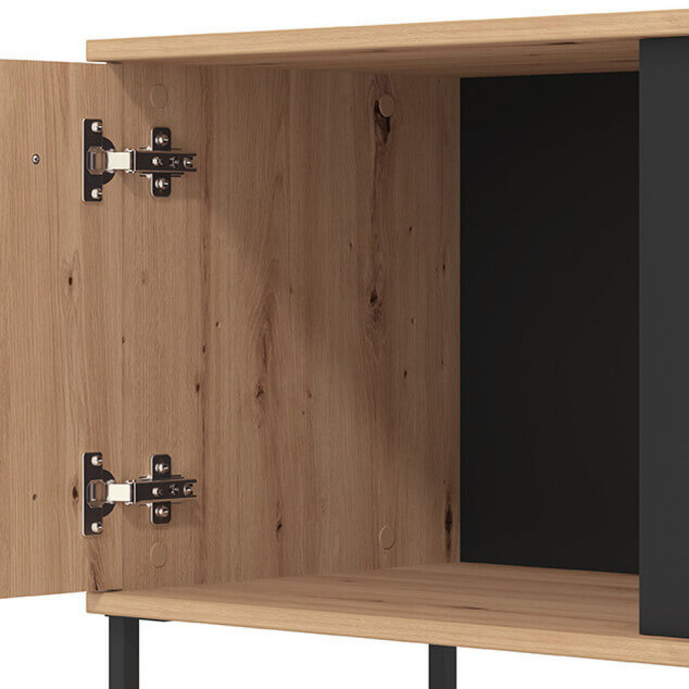 Meuble TV de salon en bois et métal avec 2 étagères et 2 portes