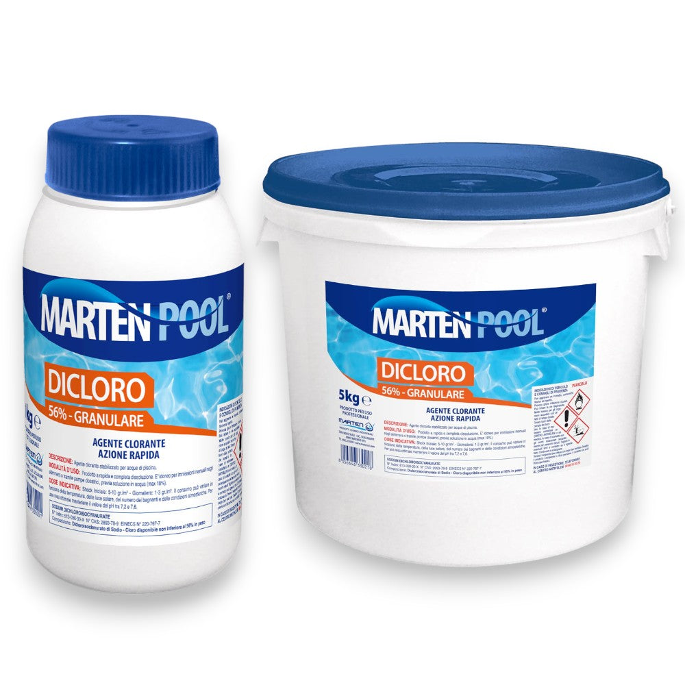 Dichlore granulé pour traitement de l'eau de piscine 1 et 5 kg