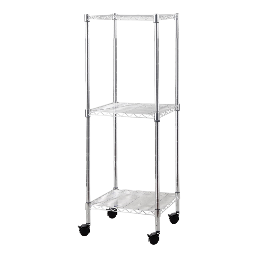 <transcy>Etagère en kit avec 3/4 étagères en métal chromé avec roulettes pivotantes</transcy>