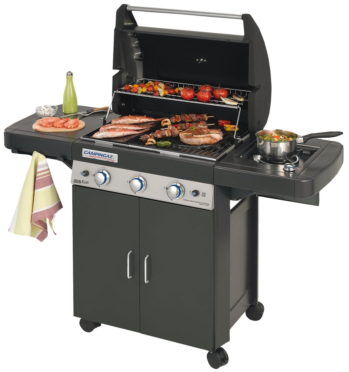 Barbecue à gaz Campingaz Dual Gas 3 Series Classic LS Plus Dark avec chariot et portes avant et brûleur latéral