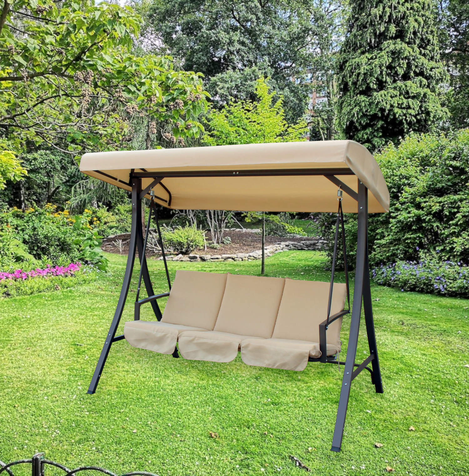 Balançoire trois places en acier avec coussins et auvent Bolero beige