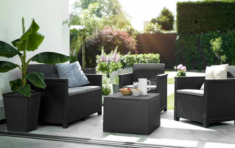 Salon de jardin en résine effet rotin, canapé deux places, table et deux fauteuils Emma Lounge Keter