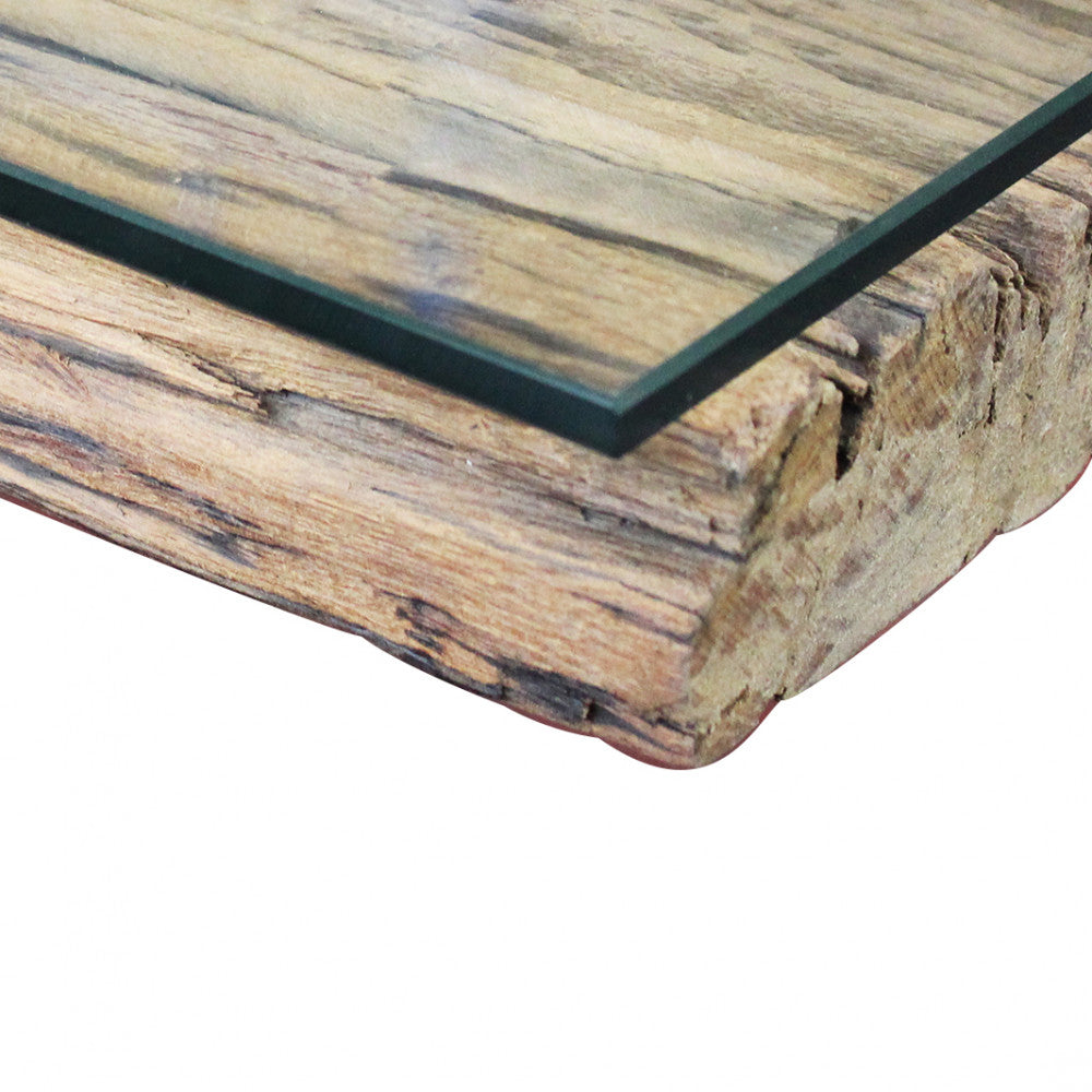Tavolo con struttura in metallo e piano in legno con vetro temperato per interno 100x200xH77 cm