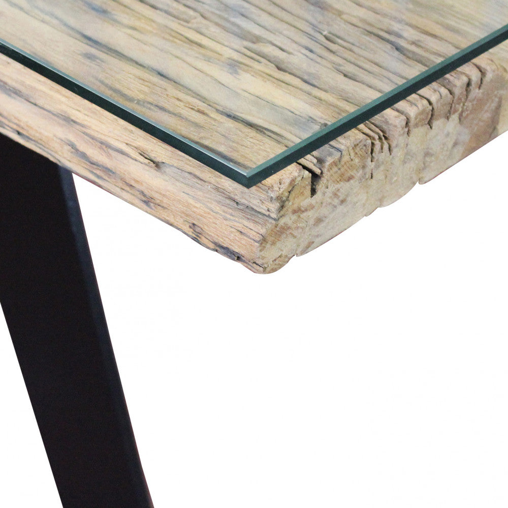 Tavolo con struttura in metallo e piano in legno con vetro temperato per interno 100x200xH77 cm