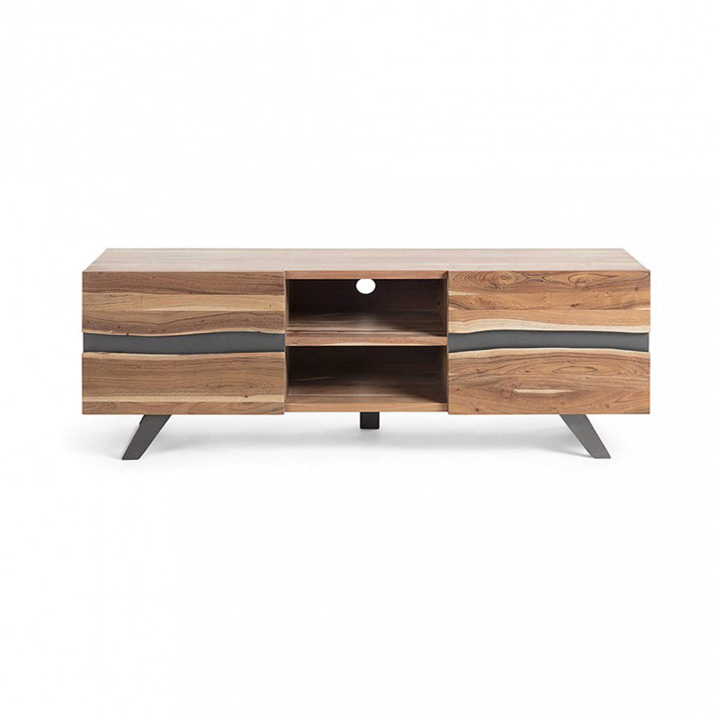 Meuble TV Nister en bois d'acacia avec 2 portes et 2 étagères