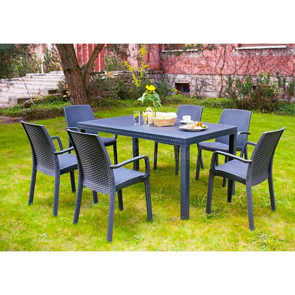 Table d'extérieur rectangulaire 138x78xH72 en résine effet rotin anthracite avec trou central 