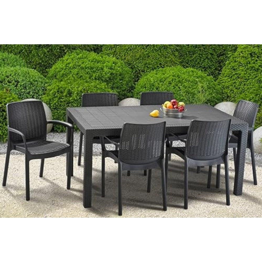 Table d'extérieur rectangulaire 138x78xH72 en résine effet rotin anthracite avec trou central 
