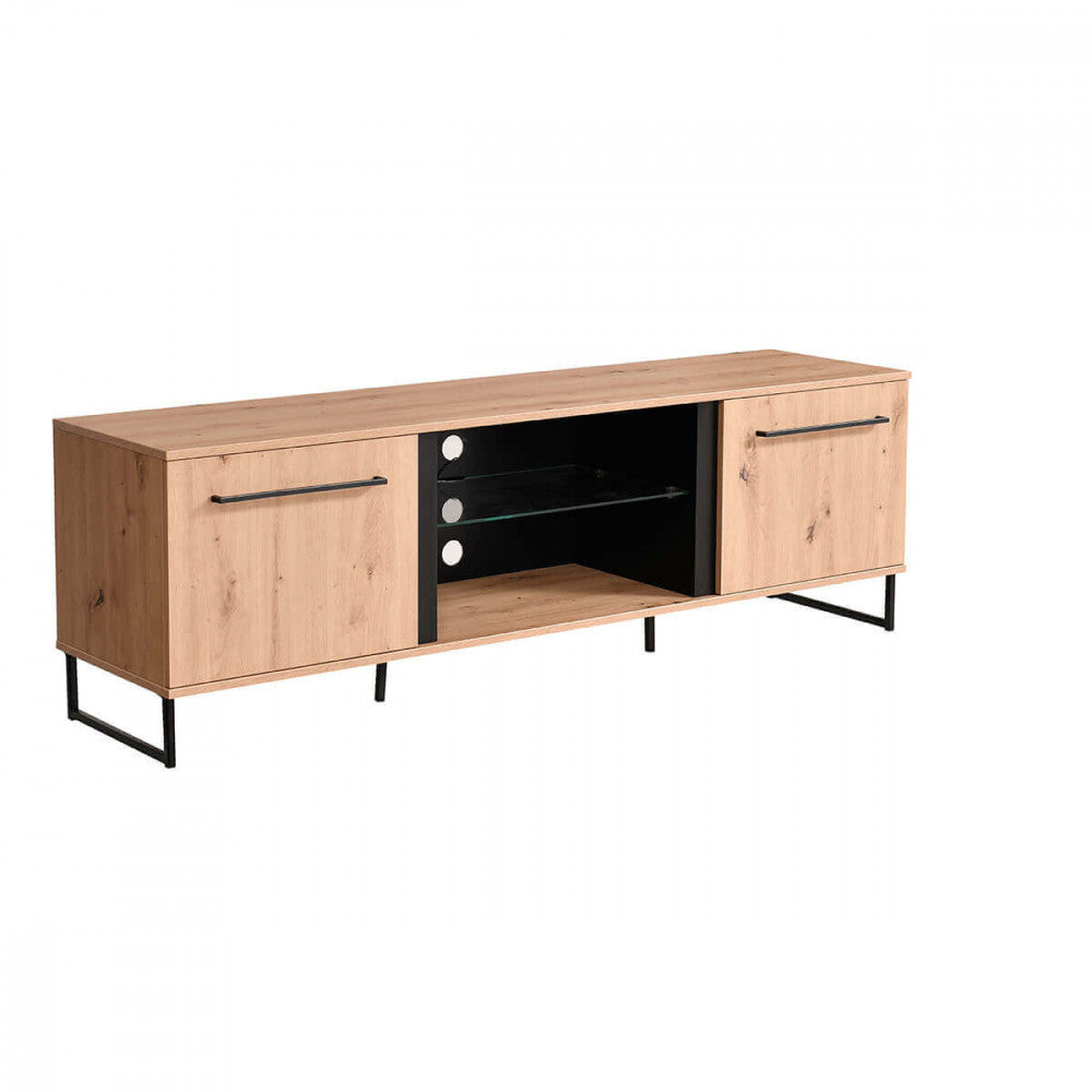 Meuble TV de salon en bois et métal avec 2 étagères et 2 portes