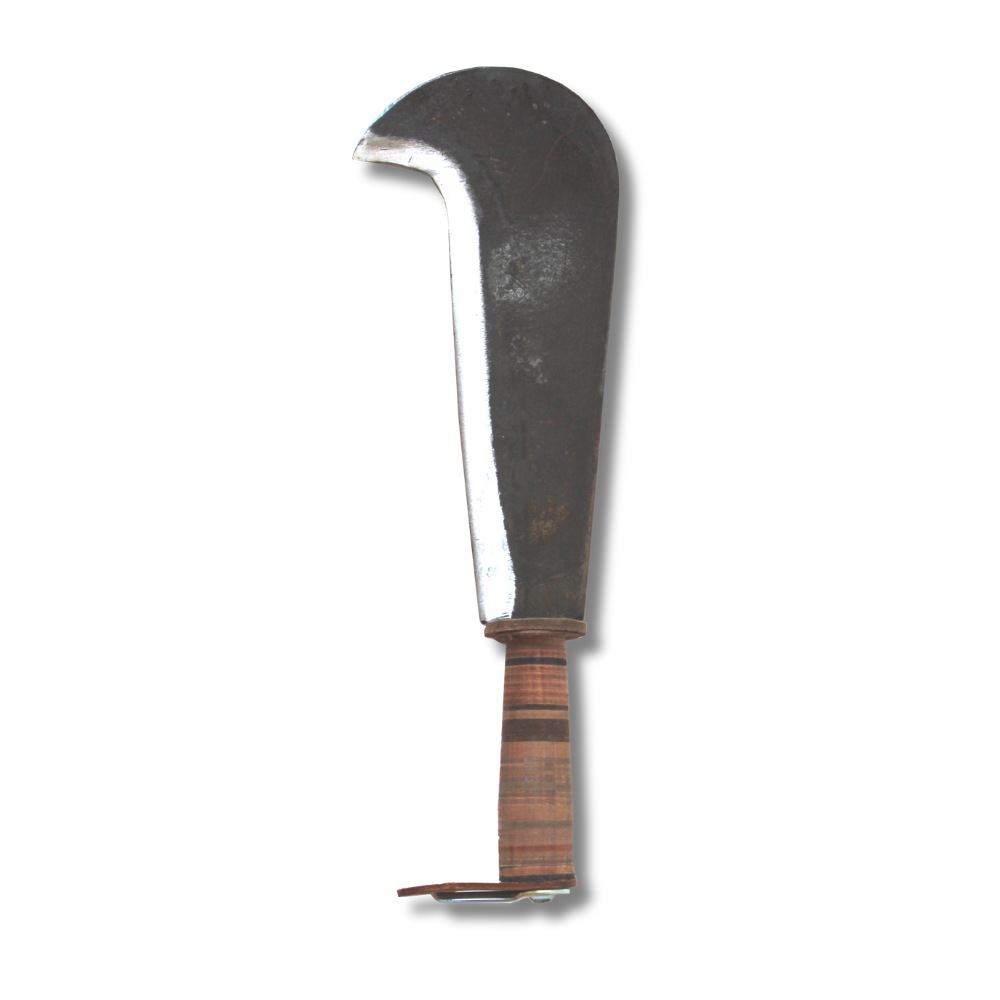 Roncola tipo con lama  30 cm in acciaio forgiato e manico in cuoio con gancio