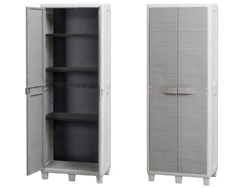 Armoire d'extérieur à étage en résine avec 2 portes effet bois et étagères réglables Woody's Toomax