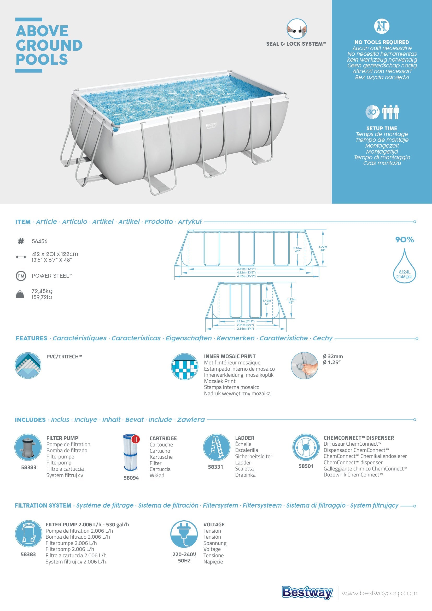 Piscine Rectangulaire Power Steel Frame 412x201x122 cm Bestway 56456 