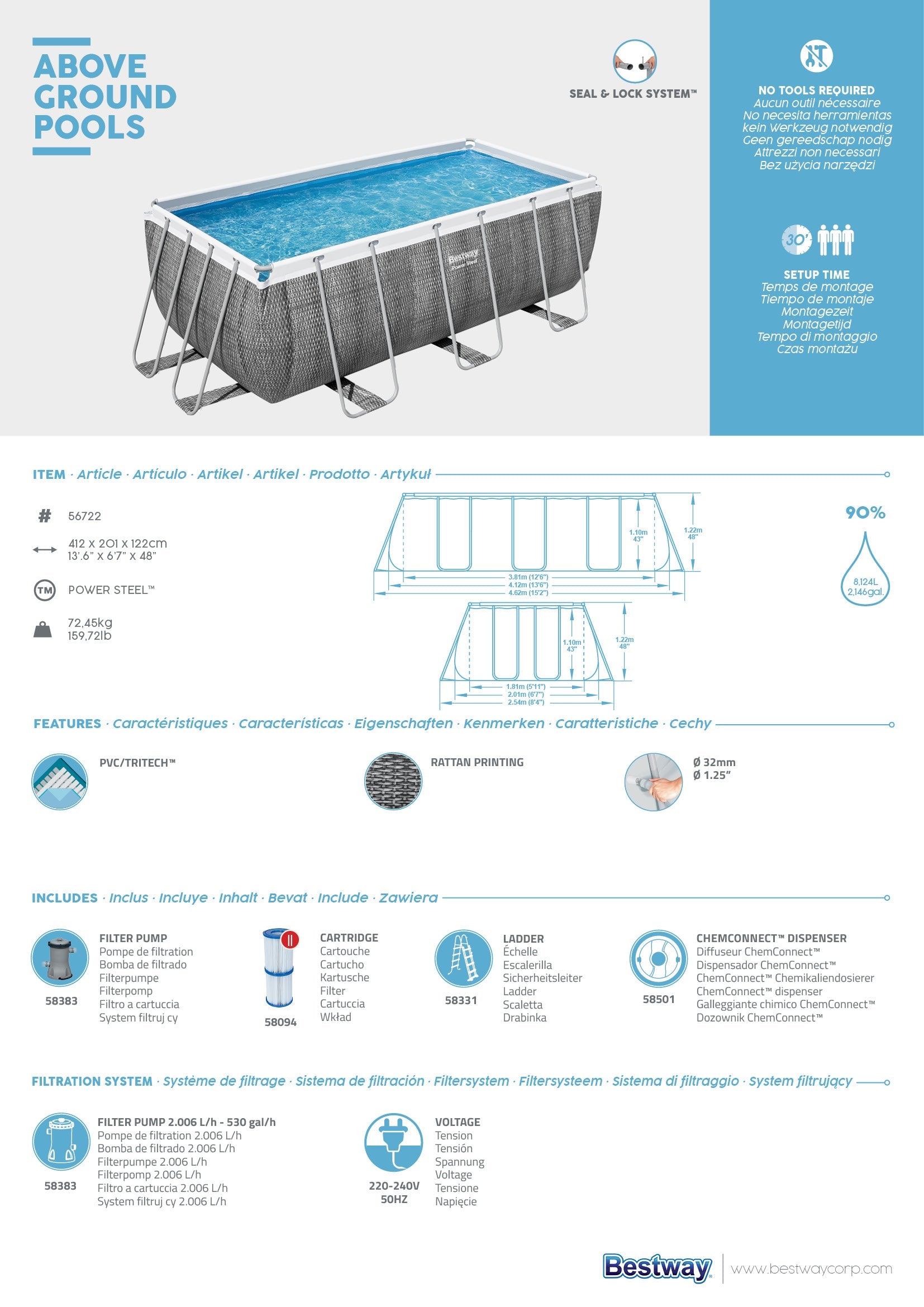 Piscine avec structure rectangulaire en rotin 4,12mx 2,01mx 1,22m Power Steel Bestway 56722