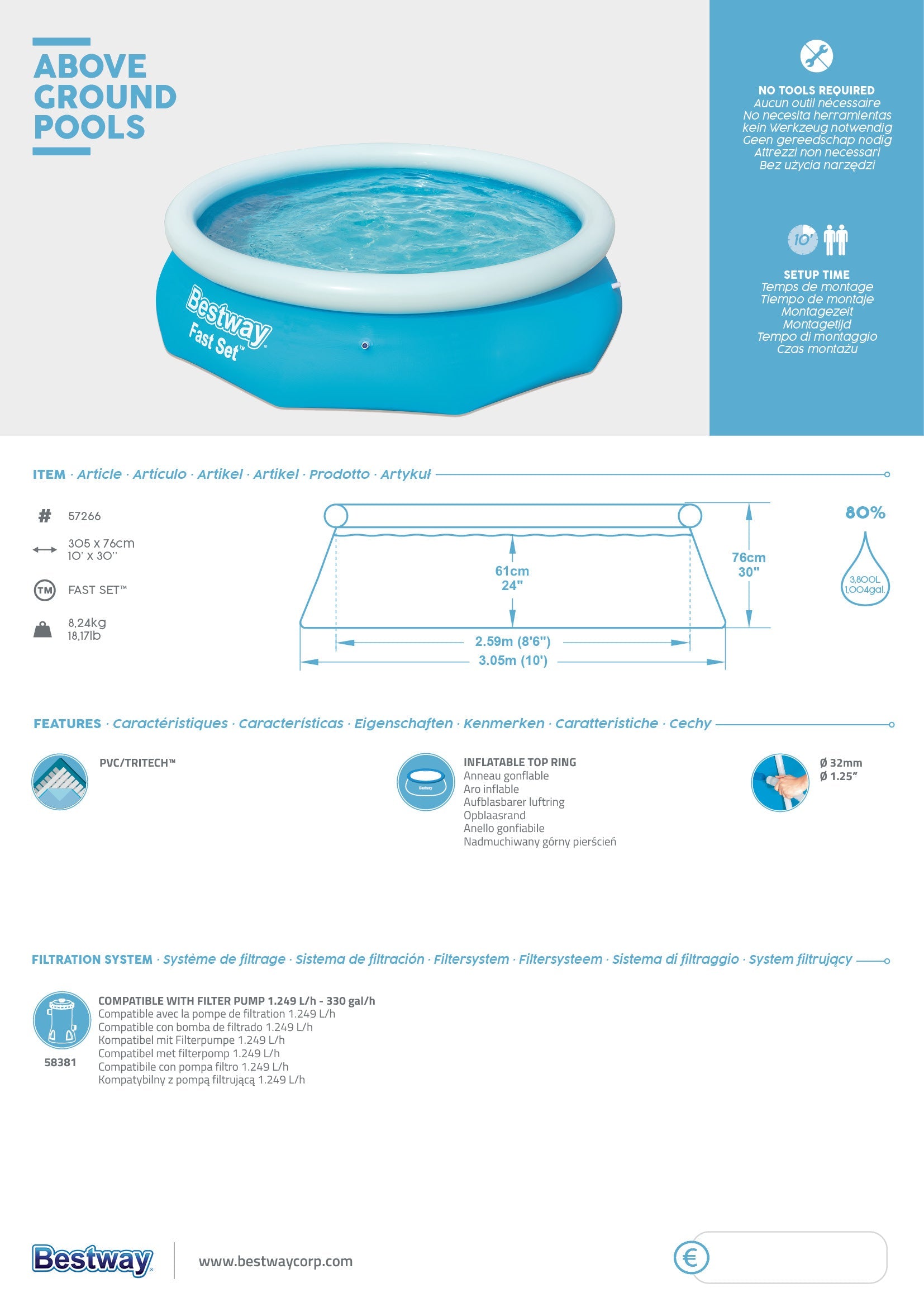 Piscine ronde autoportante 305x76 Bestway 57266 