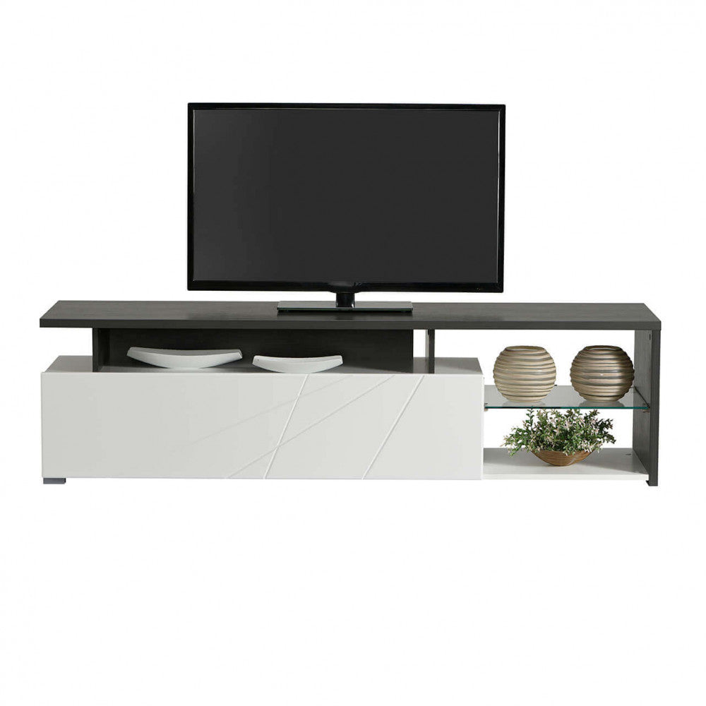 Élégant meuble TV en bois pour salon avec porte pliante blanche et étagère en verre Living TV