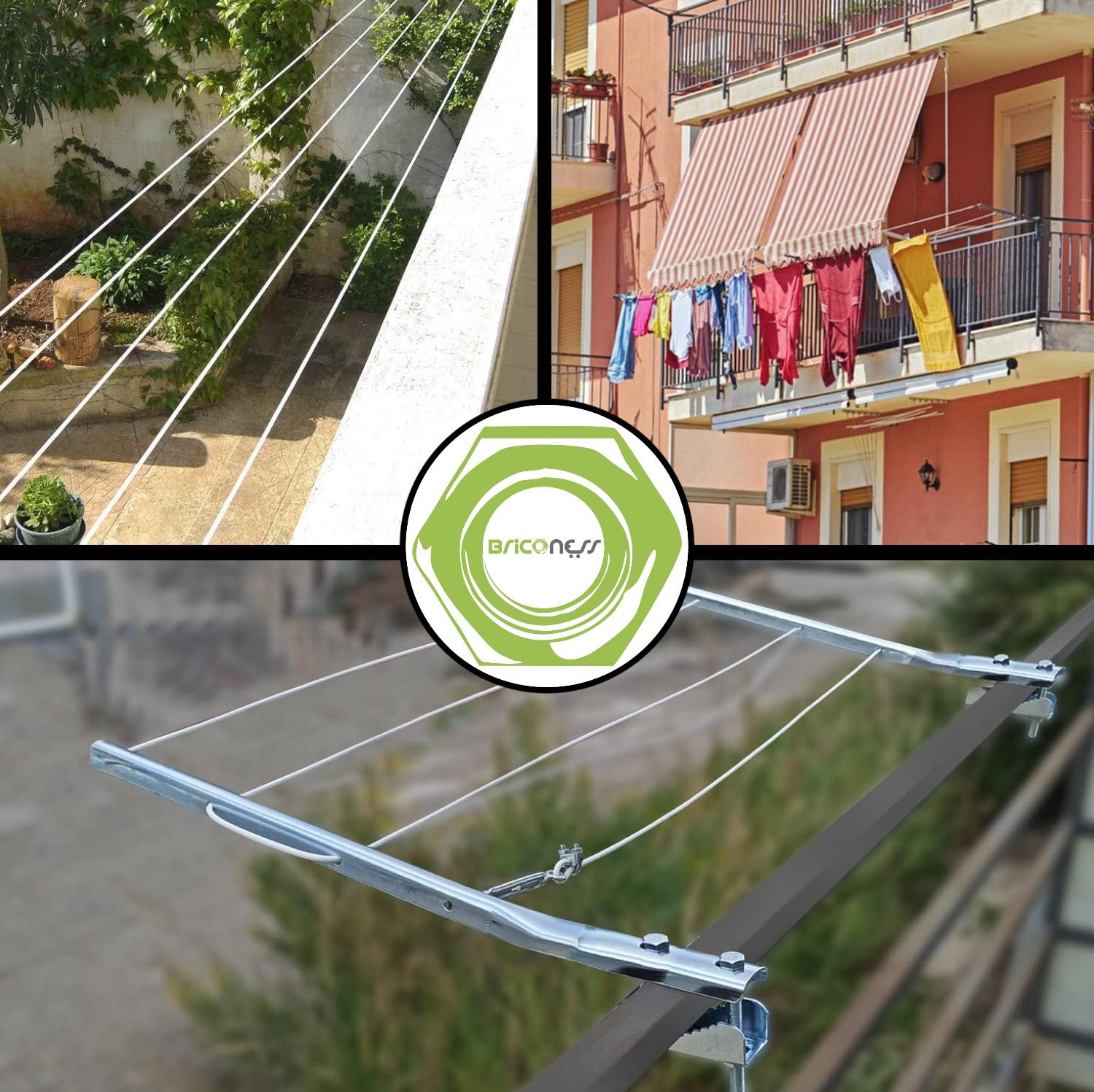 Sèche-linge de balcon fixe en acier cintré avec plaques de fixation pour garde-corps