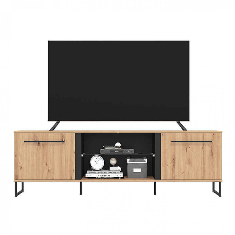 Meuble TV de salon en bois et métal avec 2 étagères et 2 portes