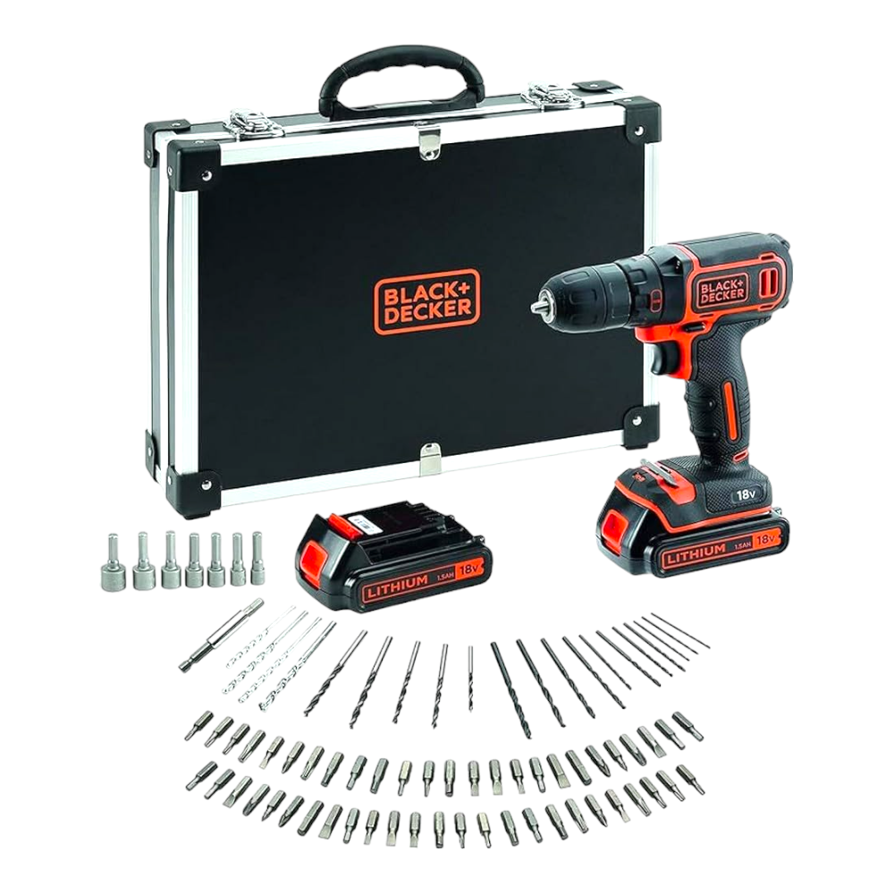 Perceuse sans fil avec étui Premium contenant 2 piles + 80 accessoires NOIR + DECKER BDCHD18BAFC