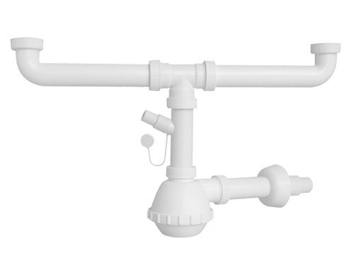 Siphon hydraulique en polypropylène pour éviers double cuve avec raccordement lave-vaisselle