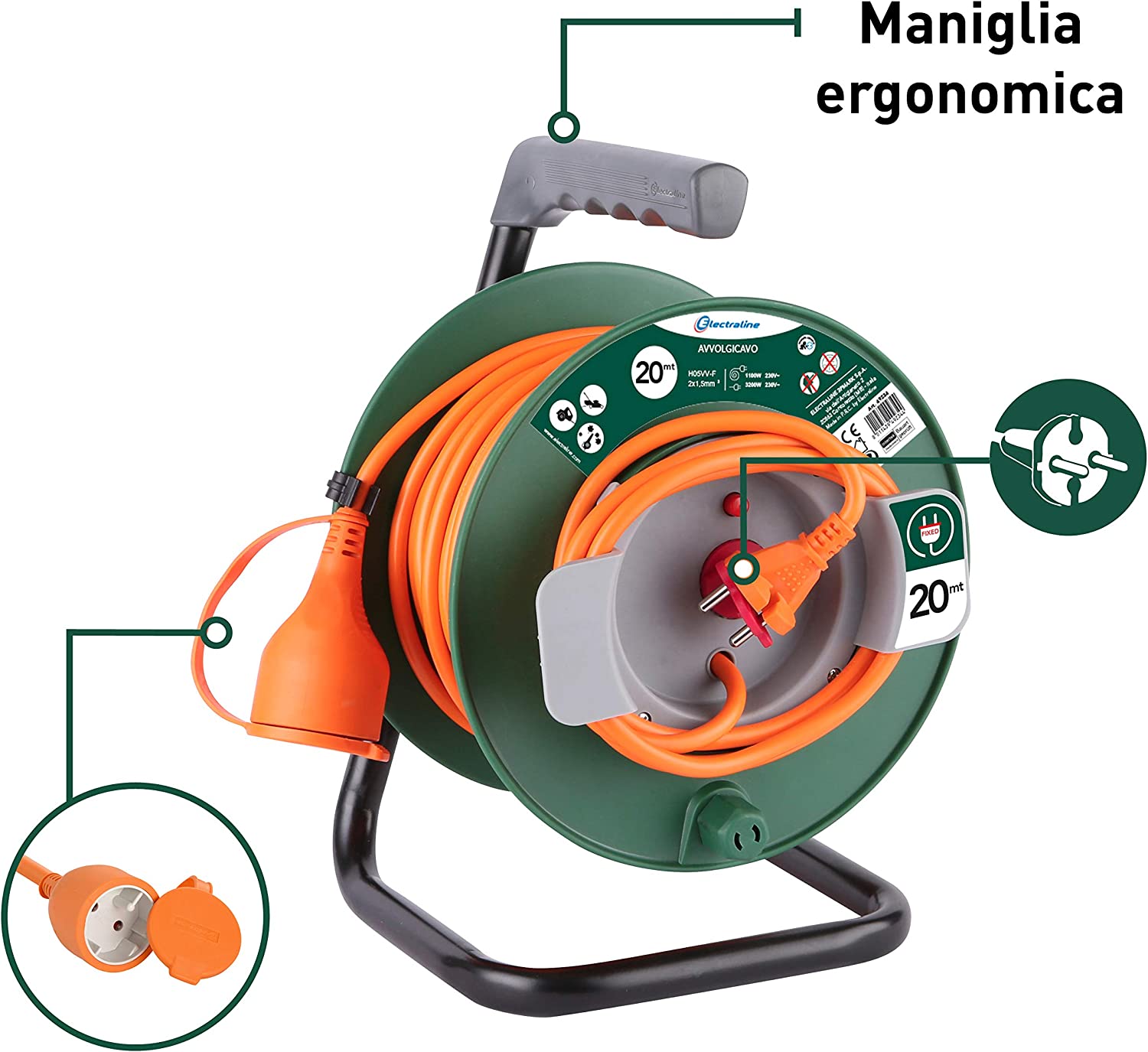 Enrouleur de câble de rallonge de jardin prise 20 m avec couvercle anti-saleté 3200W Max.