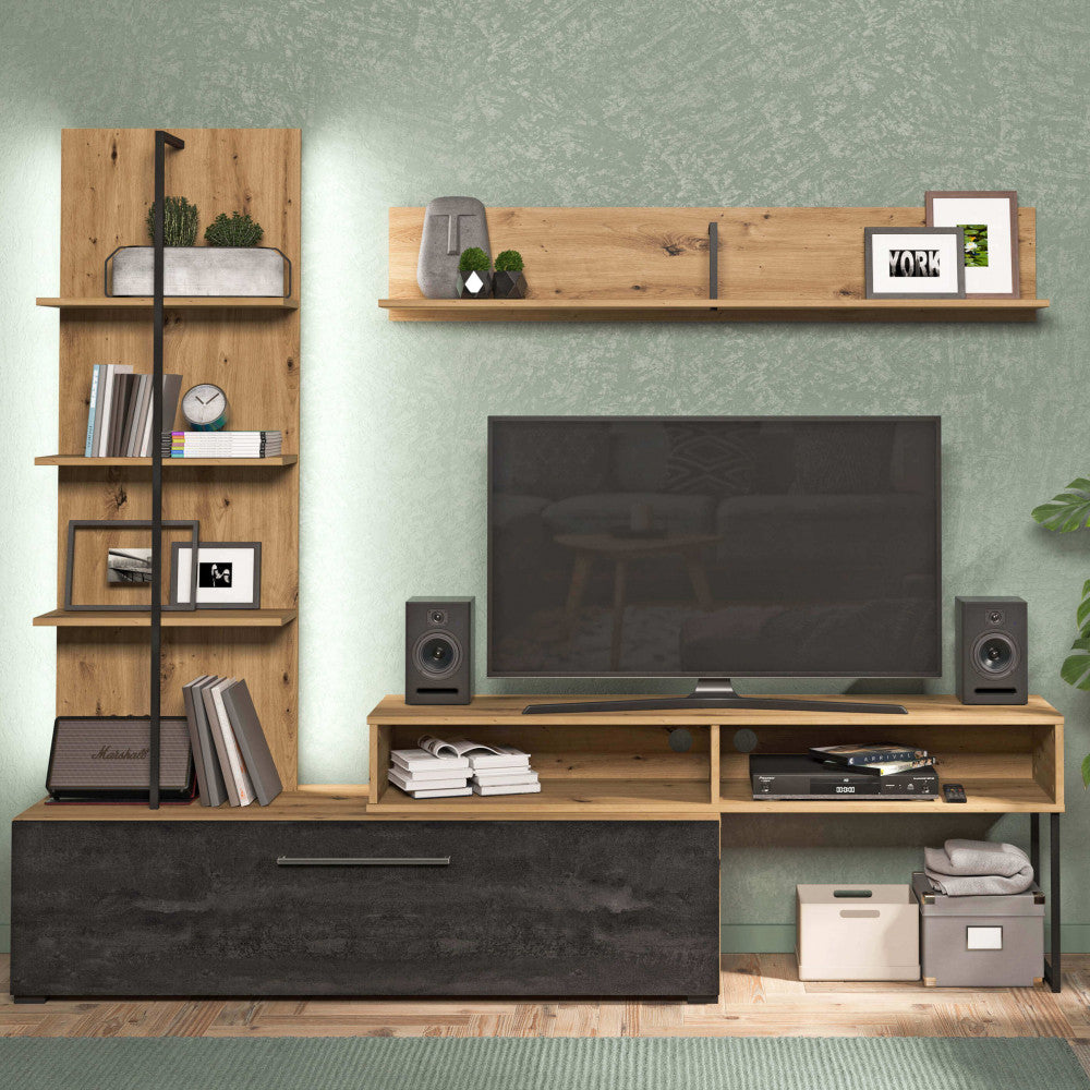 Meuble TV mural de séjour avec 10 étagères, 1 grande porte pliante et étagère suspendue Paul