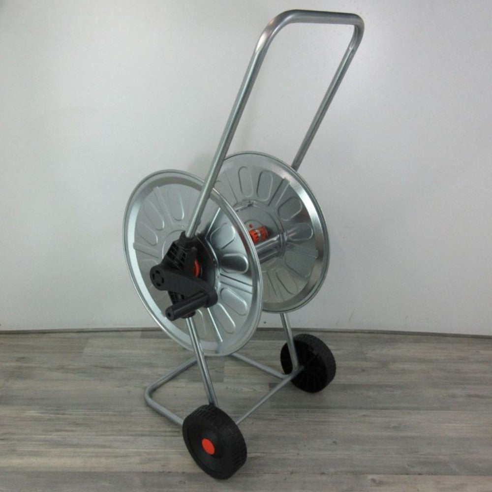 Carrello avvolgitubo da giardino con telaio e rullo in acciaio per tubi fino a 110 mt
