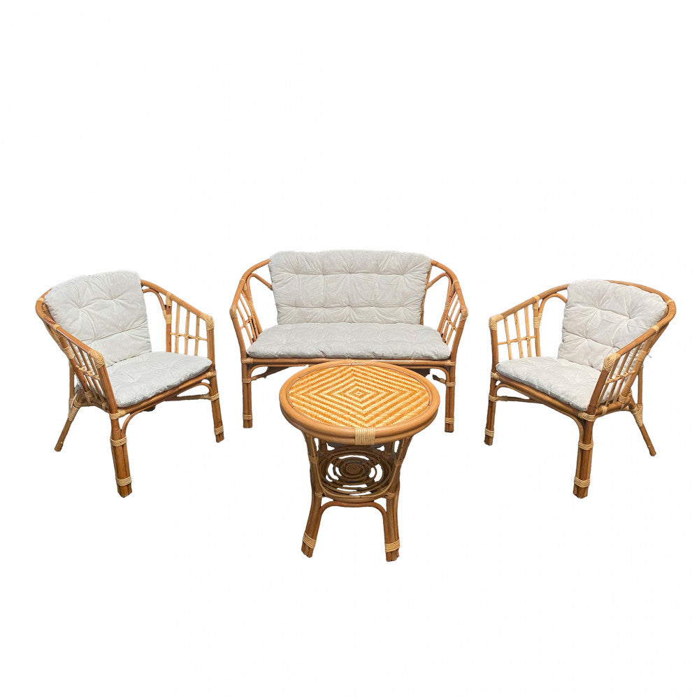 Salotto da esterno 4 posti con cuscini imbottiti e struttura in legno wicker con tavolino