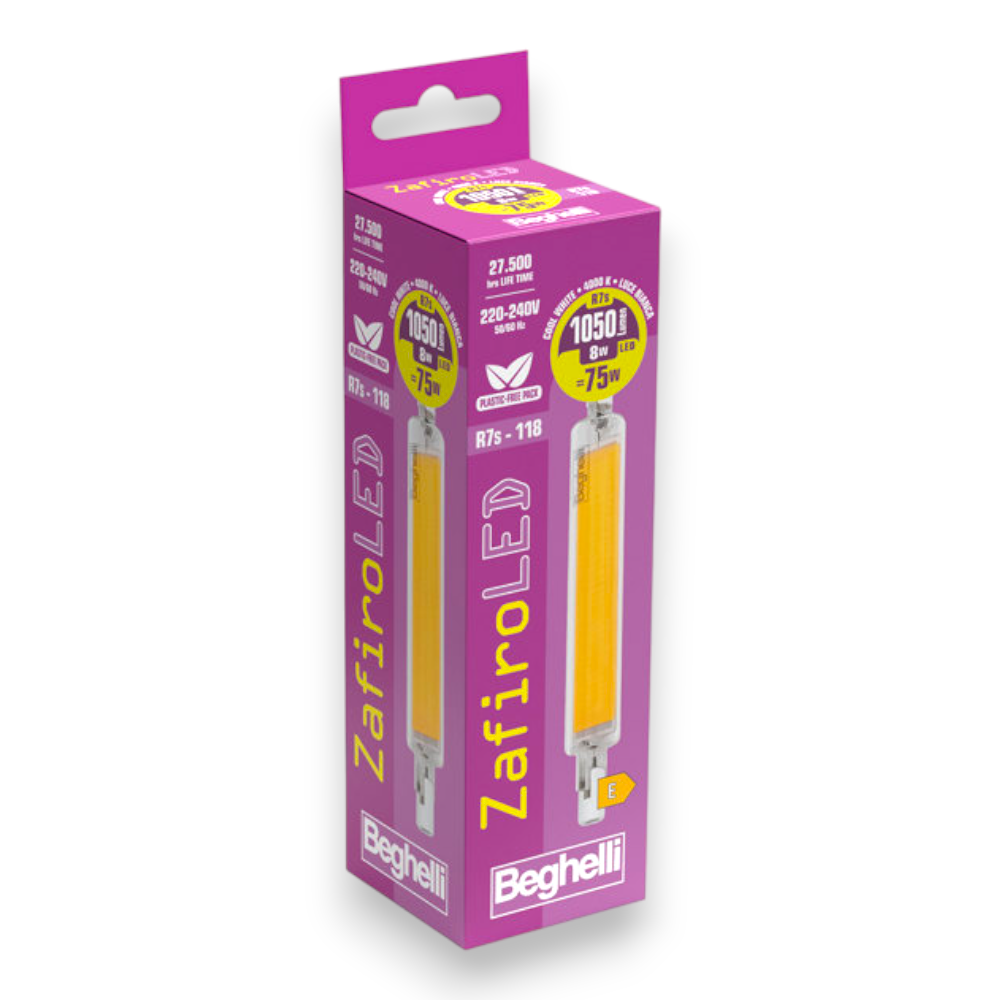 Ampoule LED linéaire 8W h118 mm 3000K lumière chaude R7S Zafir Beghelli