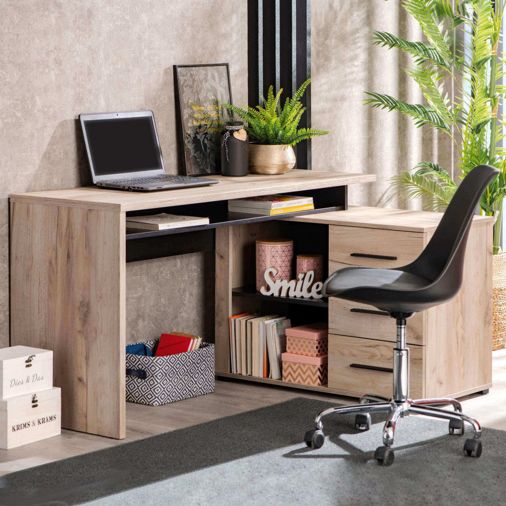 Bureau d'angle pour bureau d'étude en bois mélaminé bilaminé avec 3 tiroirs et 2 étagères Corner Desk