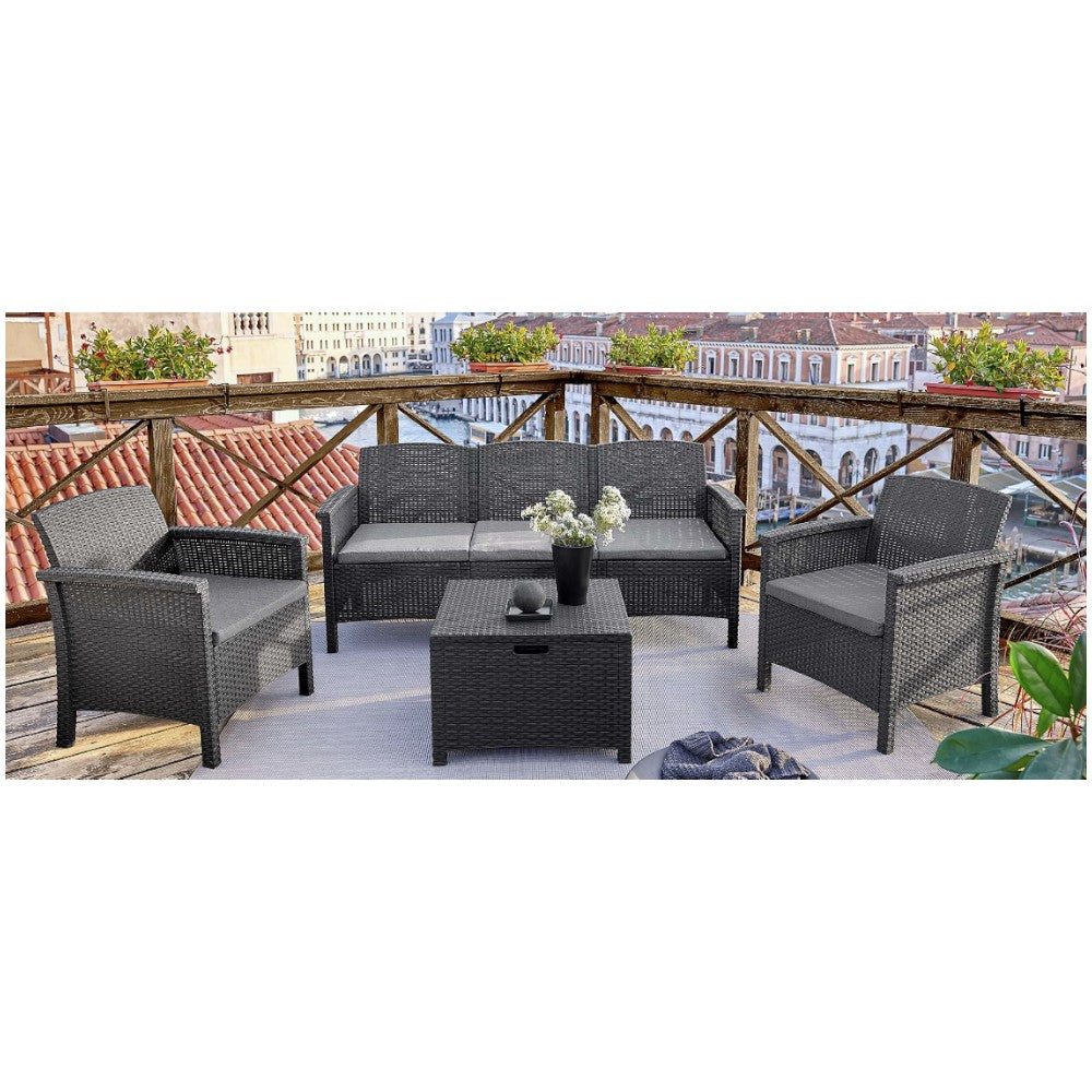 Salon de jardin en résine effet rotin, canapé trois places plus deux fauteuils et une table basse