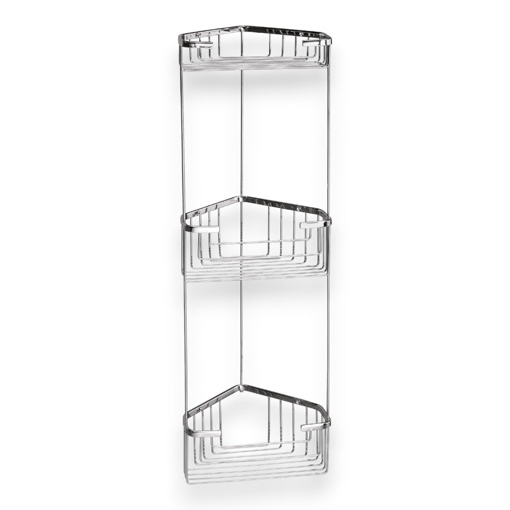 Coin douche avec 3 étagères en inox chromé pour salle de bain