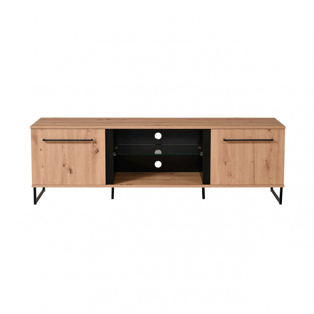 Meuble TV de salon en bois et métal avec 2 étagères et 2 portes