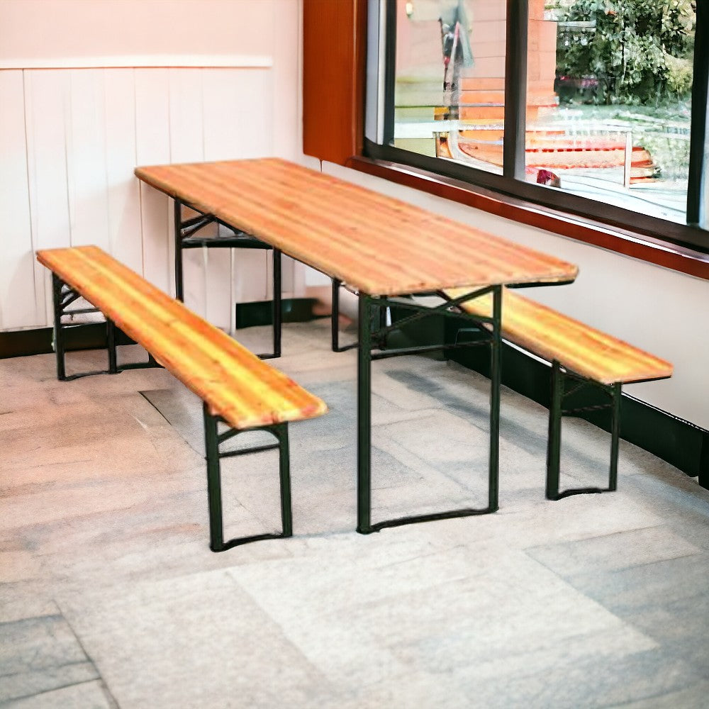 Table de jardin à bière avec 2 pieds et bancs en bois et acier pour fêtes et camping 220x80xh77 cm