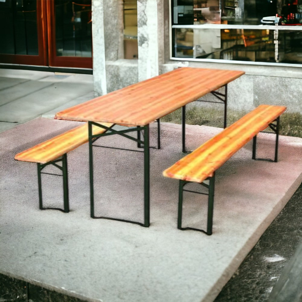 Table de jardin à bière avec 2 pieds et bancs en bois et acier pour fêtes et camping 200x60xh77 cm