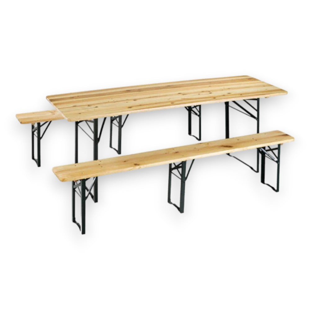 Ensemble table brasserie avec bancs 3 pieds en acier et bois pour fête et camping 220x70xh77 cm
