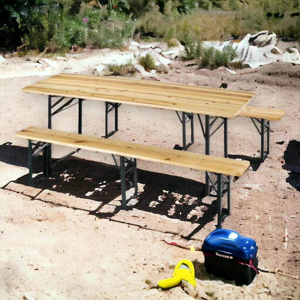Ensemble table brasserie avec bancs 3 pieds en acier et bois pour fête et camping 220x70xh77 cm