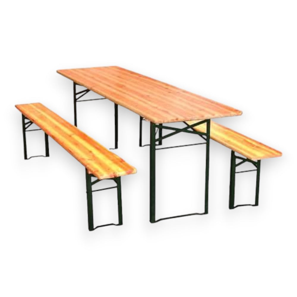 Table de jardin à bière avec 2 pieds et bancs en bois et acier pour fêtes et camping 200x60xh77 cm