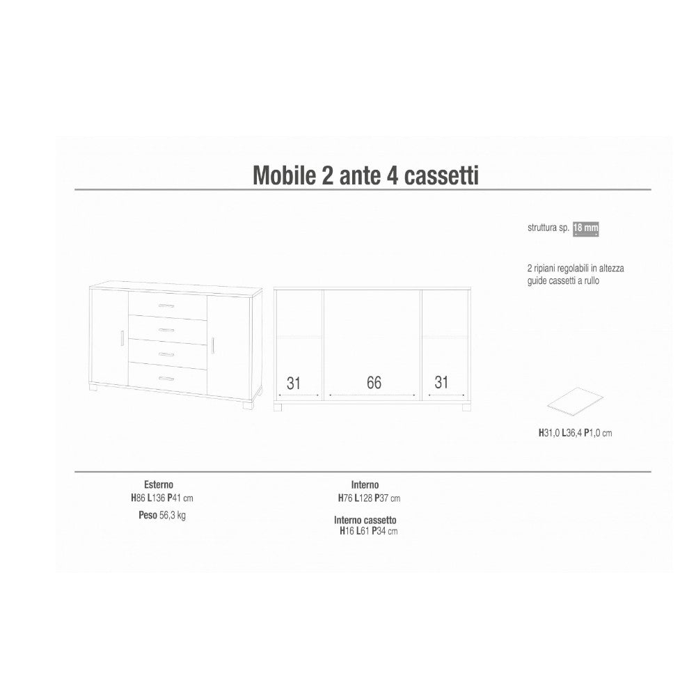 A775Nsosk Armoire 2 portes 4 tiroirs - Kit Noyer Stelvio et Oxyde Blanc
