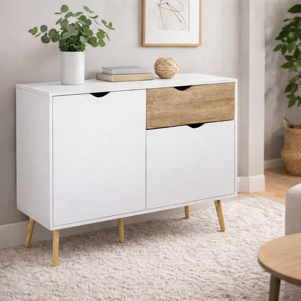 Buffet en bois pour chambres et salons avec 1 tiroir et 2 portes, Ligne Elégance